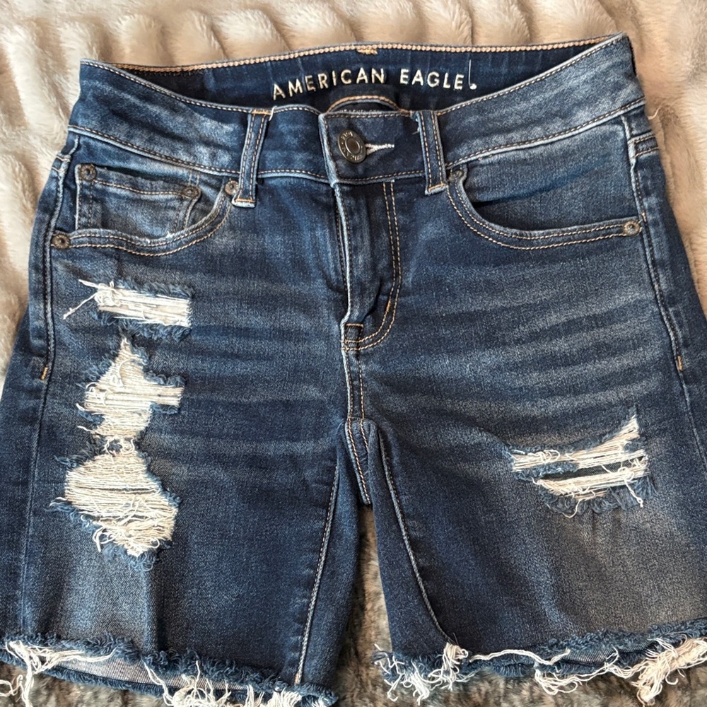 American Eagle Outfitters Dark Blue Ripped Denim Jean Shorts